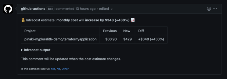 GitHub Actions bot PR comment showing Infracost cost estimate: monthly cost will increase by $348 (+430%)