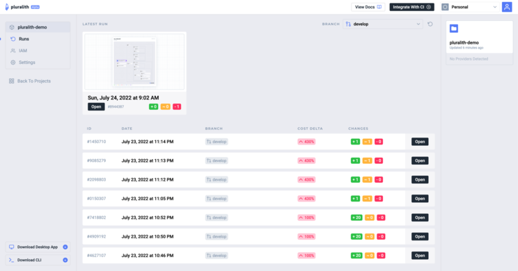 Pluralith Runs history view showing a list of CI pipeline runs with dates, branches, cost deltas, and change counts