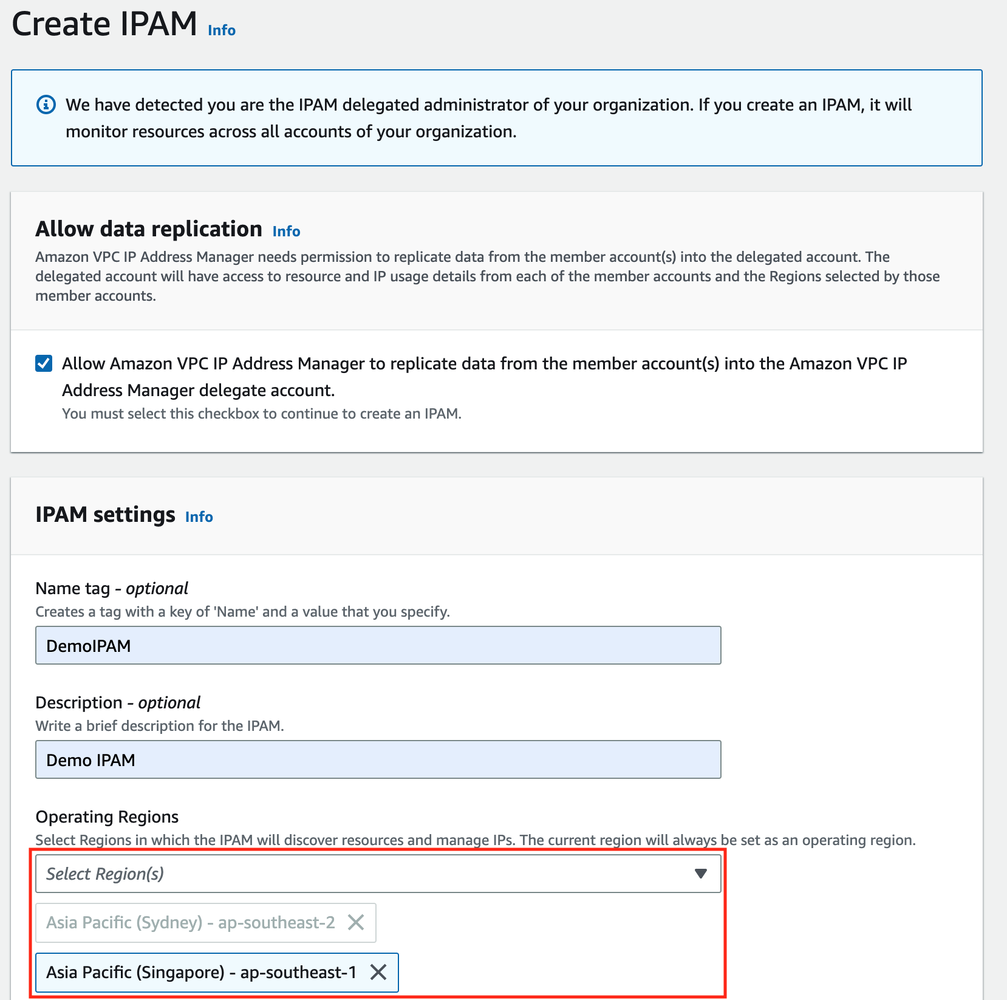 Creating an IPAM instance and selecting operating regions