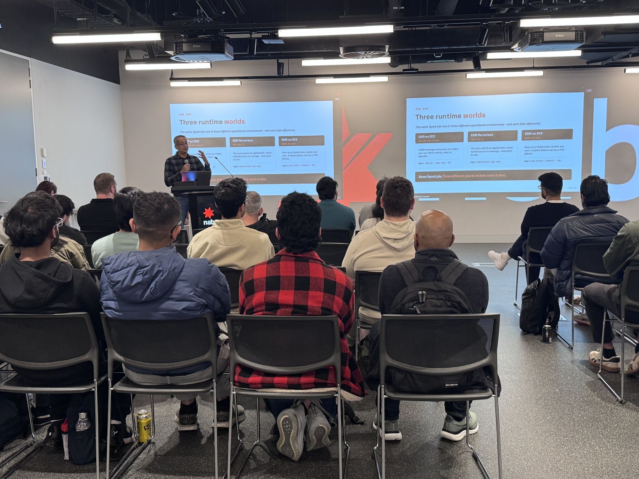 Pinaki presenting the Three runtime worlds slide at AWS User Group Melbourne